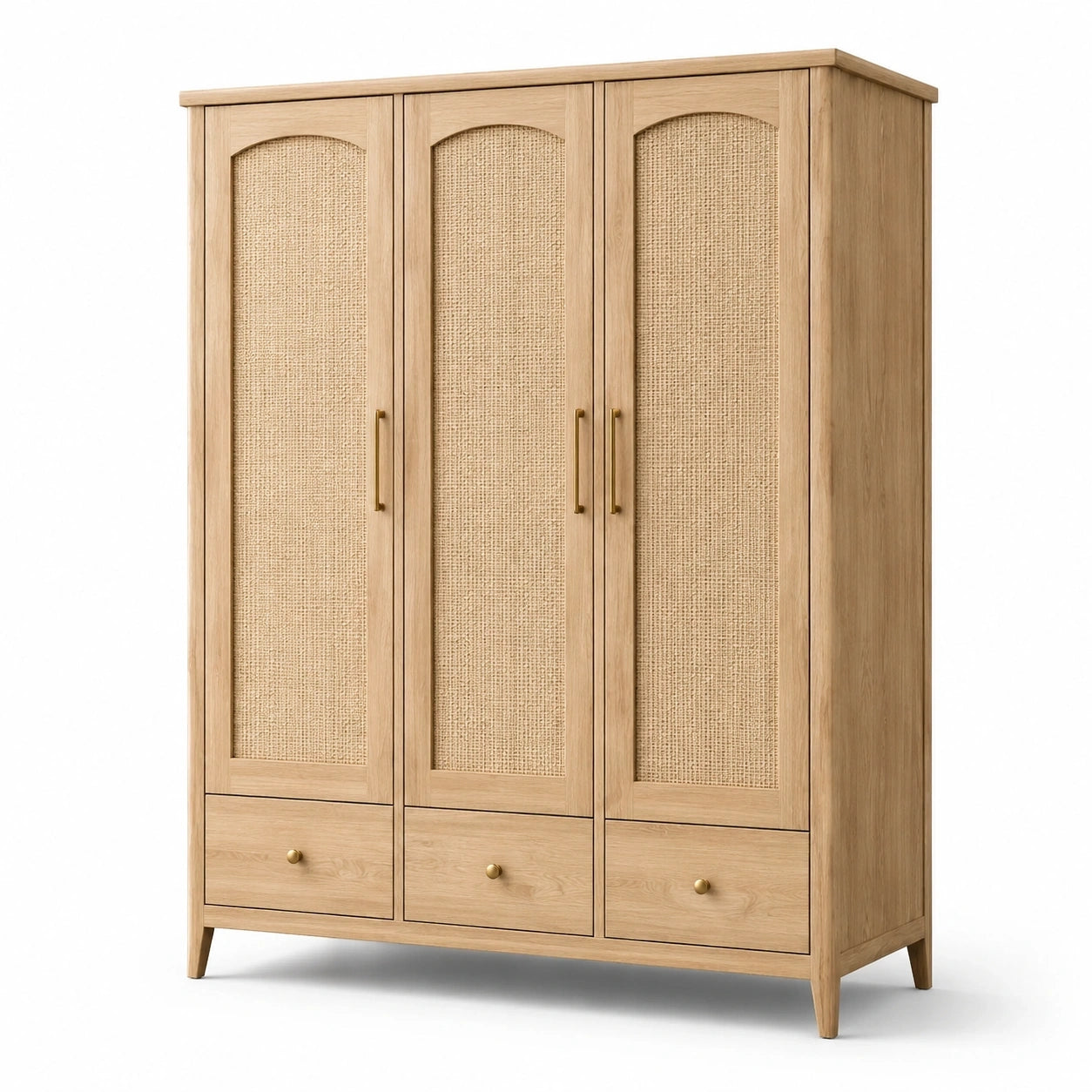 Armadio a 3 ante e 3 cassetti effetto rovere naturale e rattan beige, 150 x 55 x 190 cm