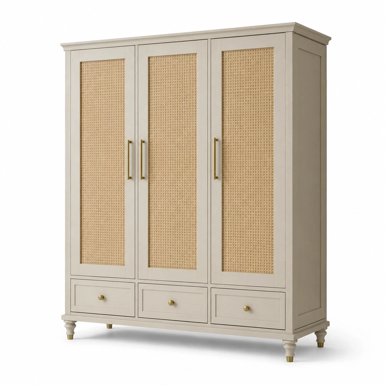 Armadio guardaroba avorio e beige con dettagli ottone, 3 ante e 3 cassetti, 160 x 55 x 200 cm