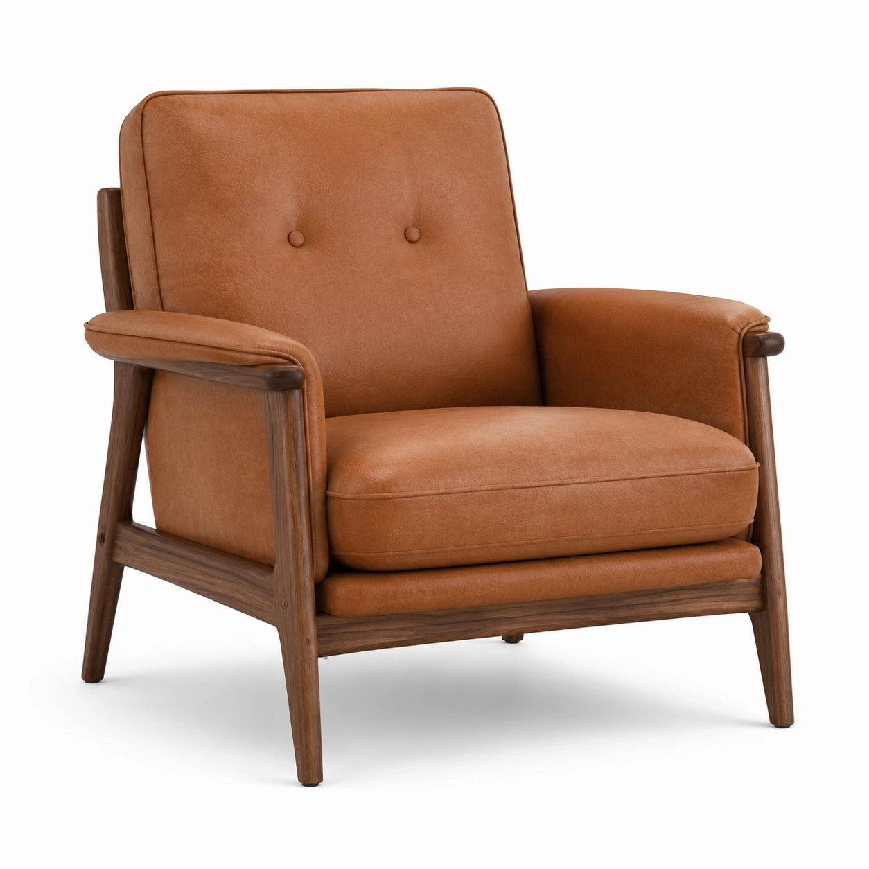Poltrona rétro in similpelle cognac con struttura in legno marrone noce e braccioli, 82 × 83 × 84 cm