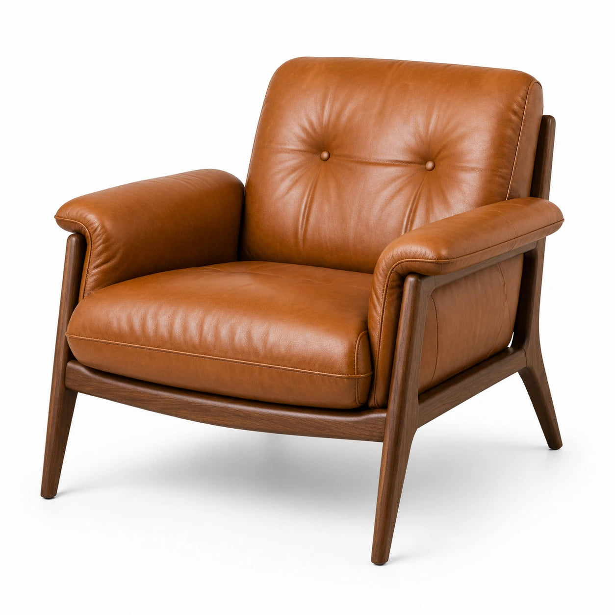 Poltrona monoposto rétro in similpelle marrone cognac e legno marrone scuro, 82 × 86 × 84 cm