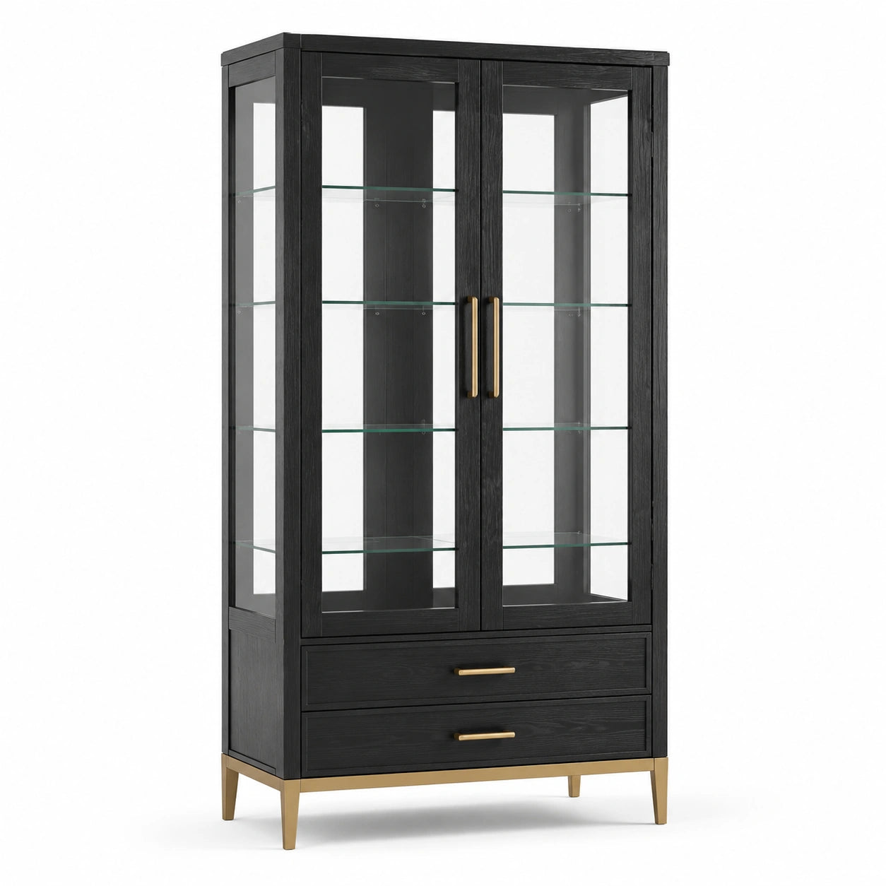 Vetrina moderna nera e oro 100 × 40 × 190 cm con 2 ante in vetro, 4 ripiani e 2 cassetti