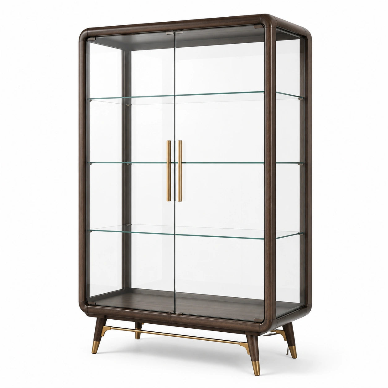 Vetrina a 2 ante con 3 ripiani in vetro, 110 × 42 × 180 cm, marrone scuro, trasparente e dorato