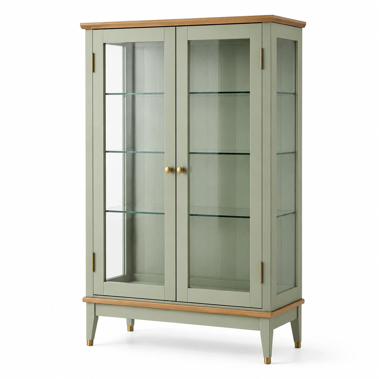 Vetrina a 2 ante in legno e vetro verde salvia, naturale e ottone, 100 × 40 × 180 cm