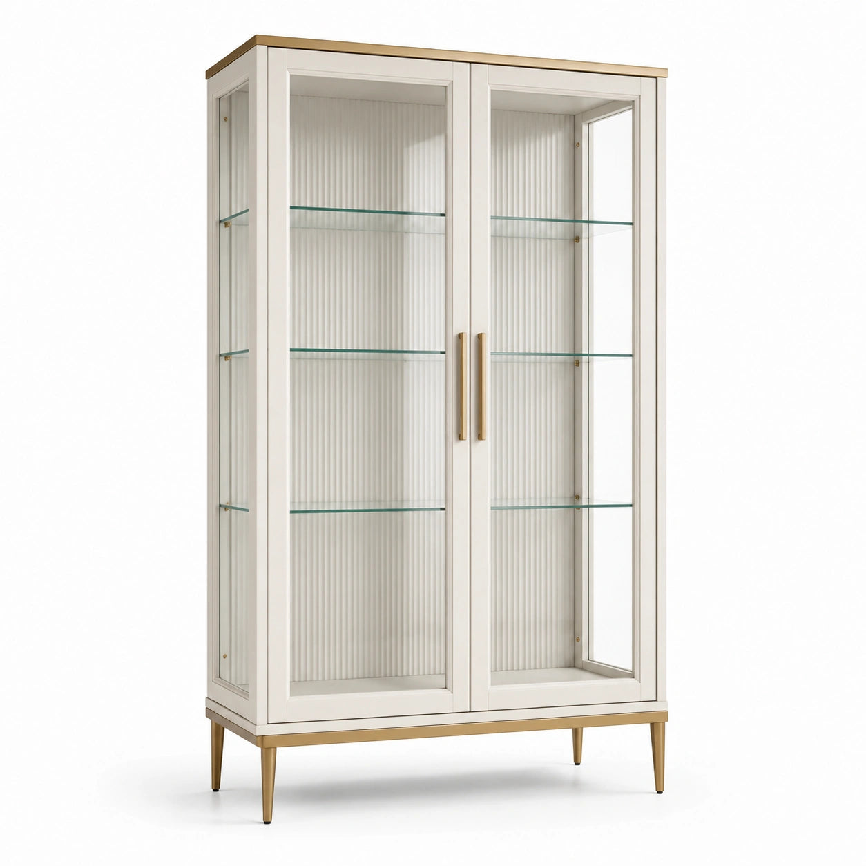 Vetrina espositiva bianca con finiture oro e vetro trasparente, 100 × 40 × 180 cm, 2 ante e 3 ripiani