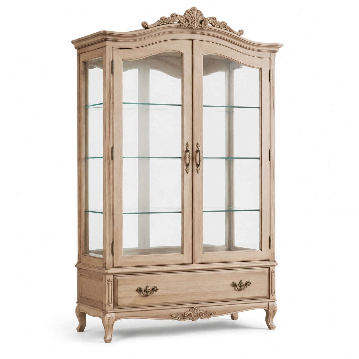 Vetrina classica in legno beige e marrone con 2 ante, 3 ripiani in vetro e 1 cassetto, 120 × 45 × 200 cm