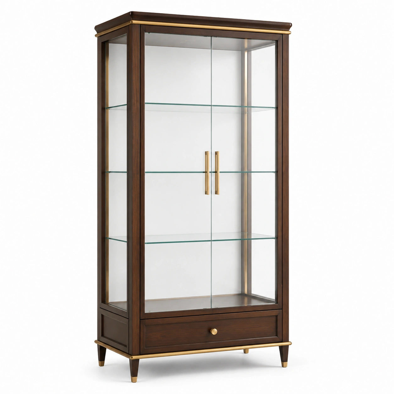 Vetrina marrone scuro e oro con ante e ripiani in vetro, 1 cassetto, 90 × 40 × 190 cm