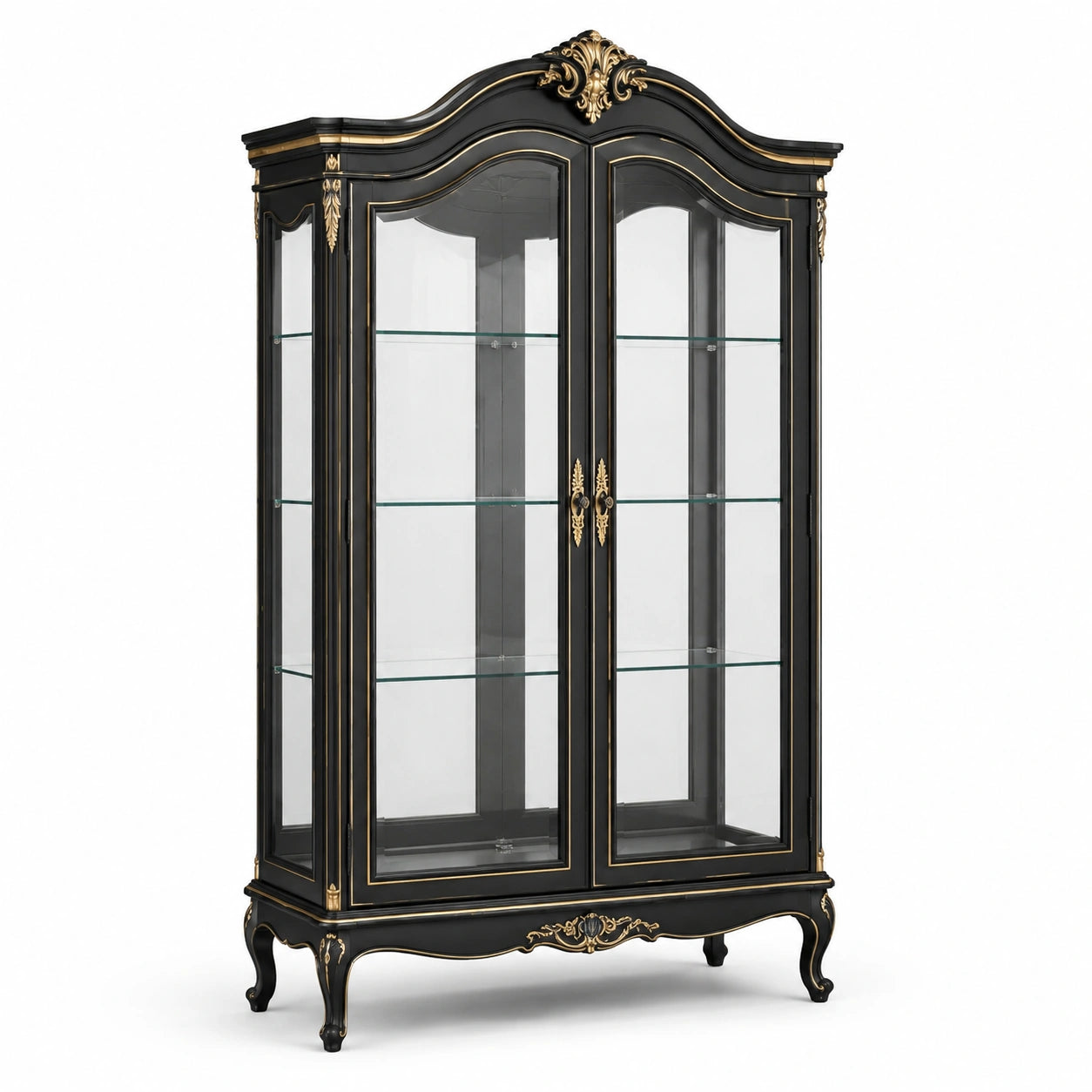 Vetrina barocca in legno e vetro con 2 ante e 3 ripiani, 120 × 45 × 205 cm, nero e oro
