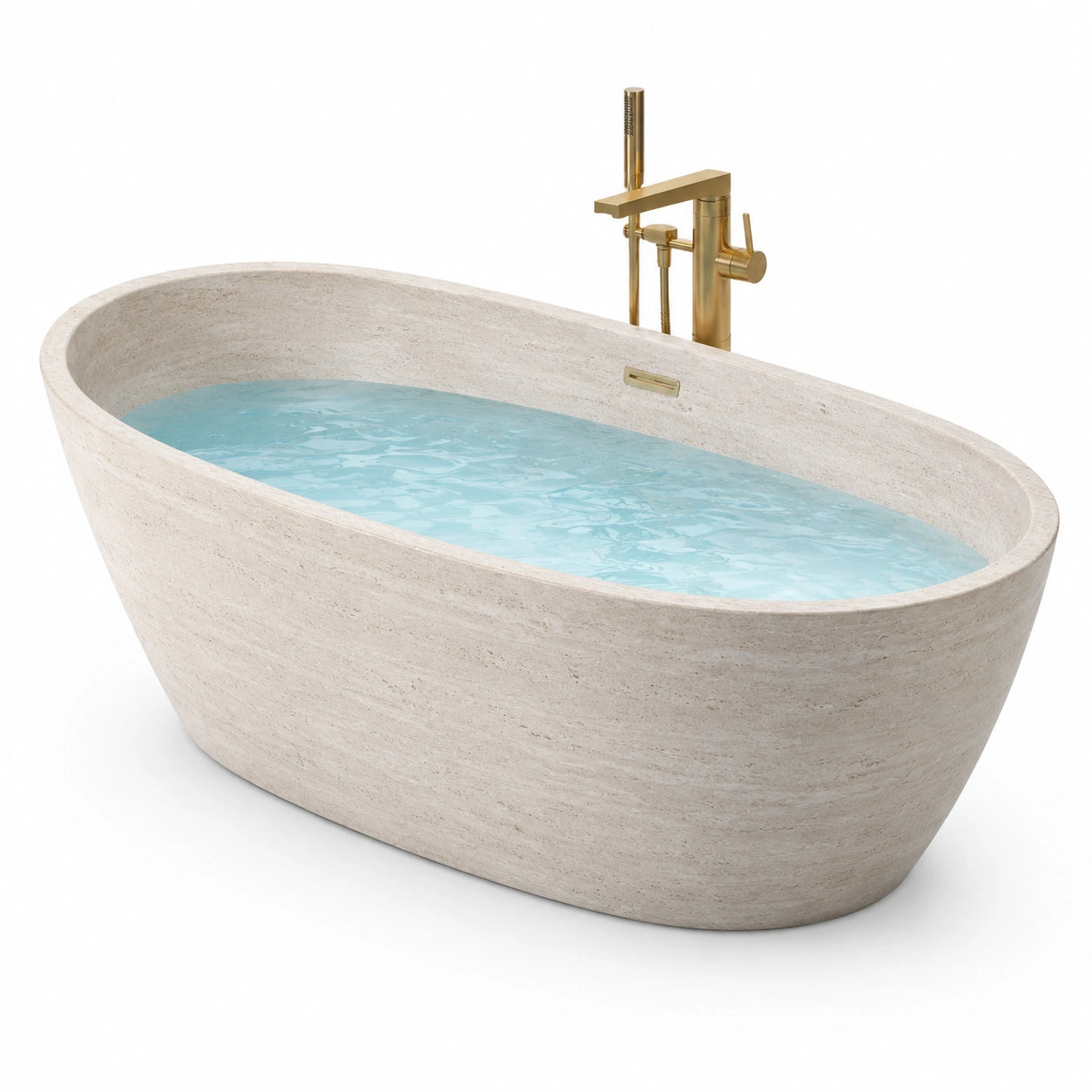 Vasca da bagno freestanding ovale in composito minerale beige effetto pietra, 170 × 80 × 58 cm, con troppopieno