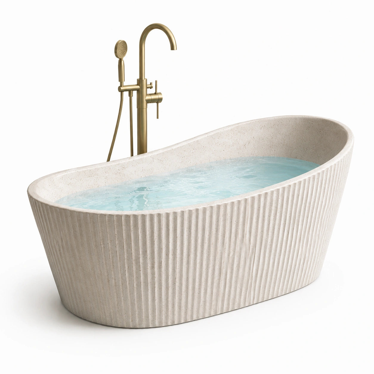 Vasca da bagno freestanding ovale scanalata in composito minerale beige, 170 × 80 × 60 cm