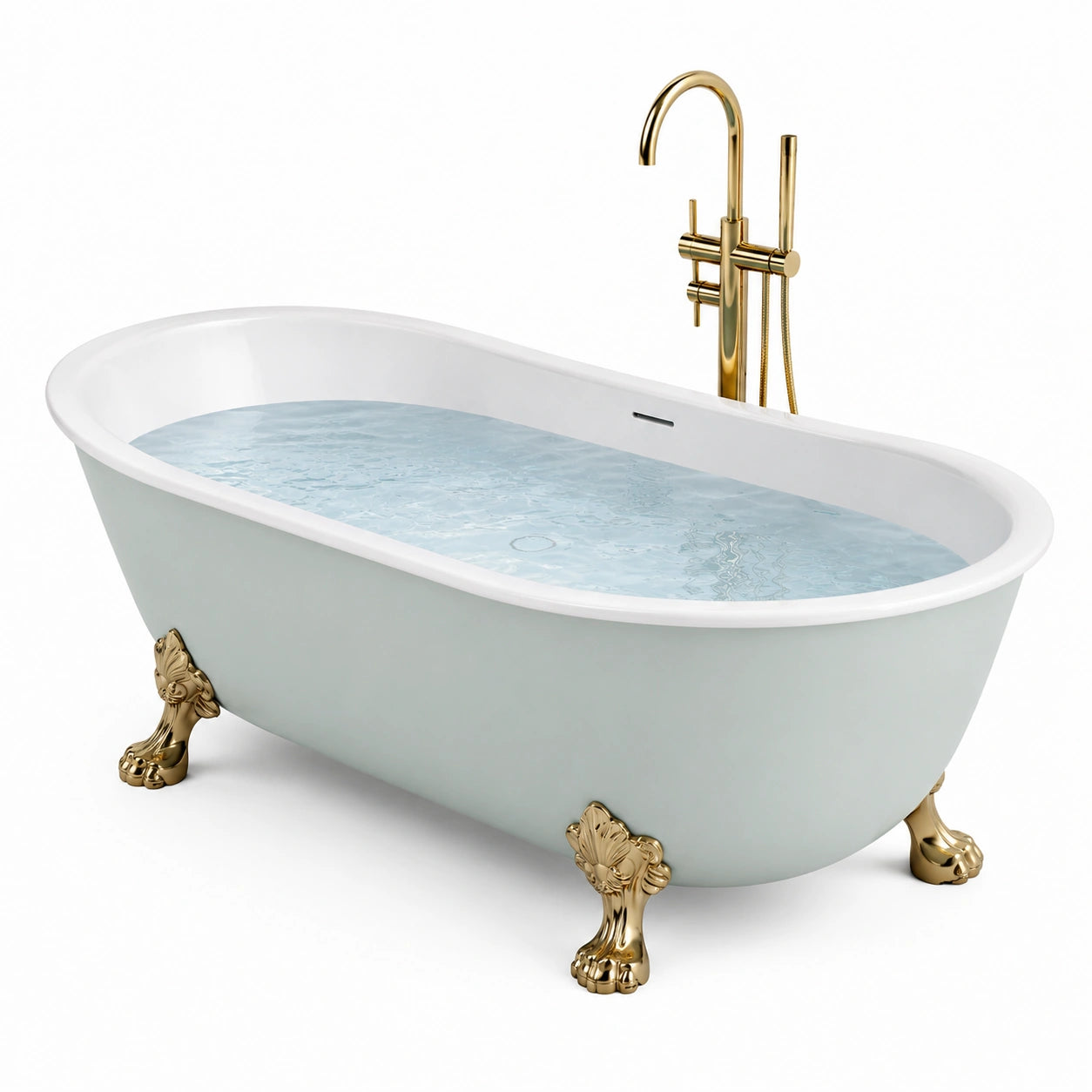 Vasca da bagno a libera installazione in acrilico verde salvia e bianco con piedini dorati, 170 × 78 × 77 cm