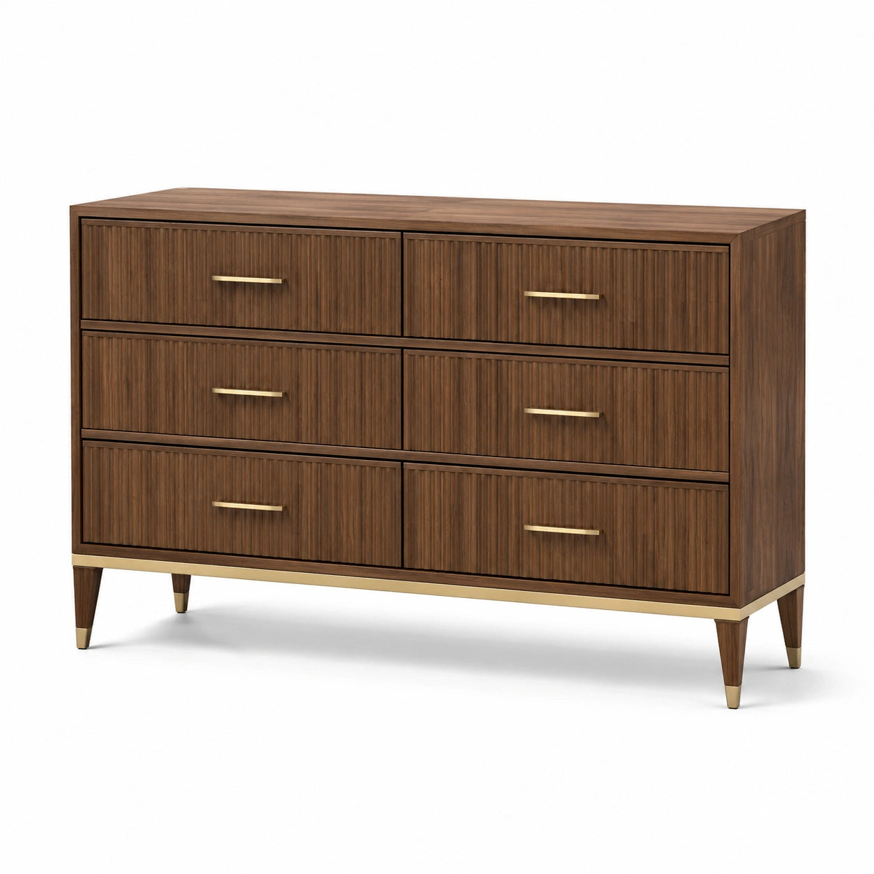 Cassettiera moderna a 6 cassetti effetto noce marrone con dettagli dorati, 140 x 45 x 85 cm