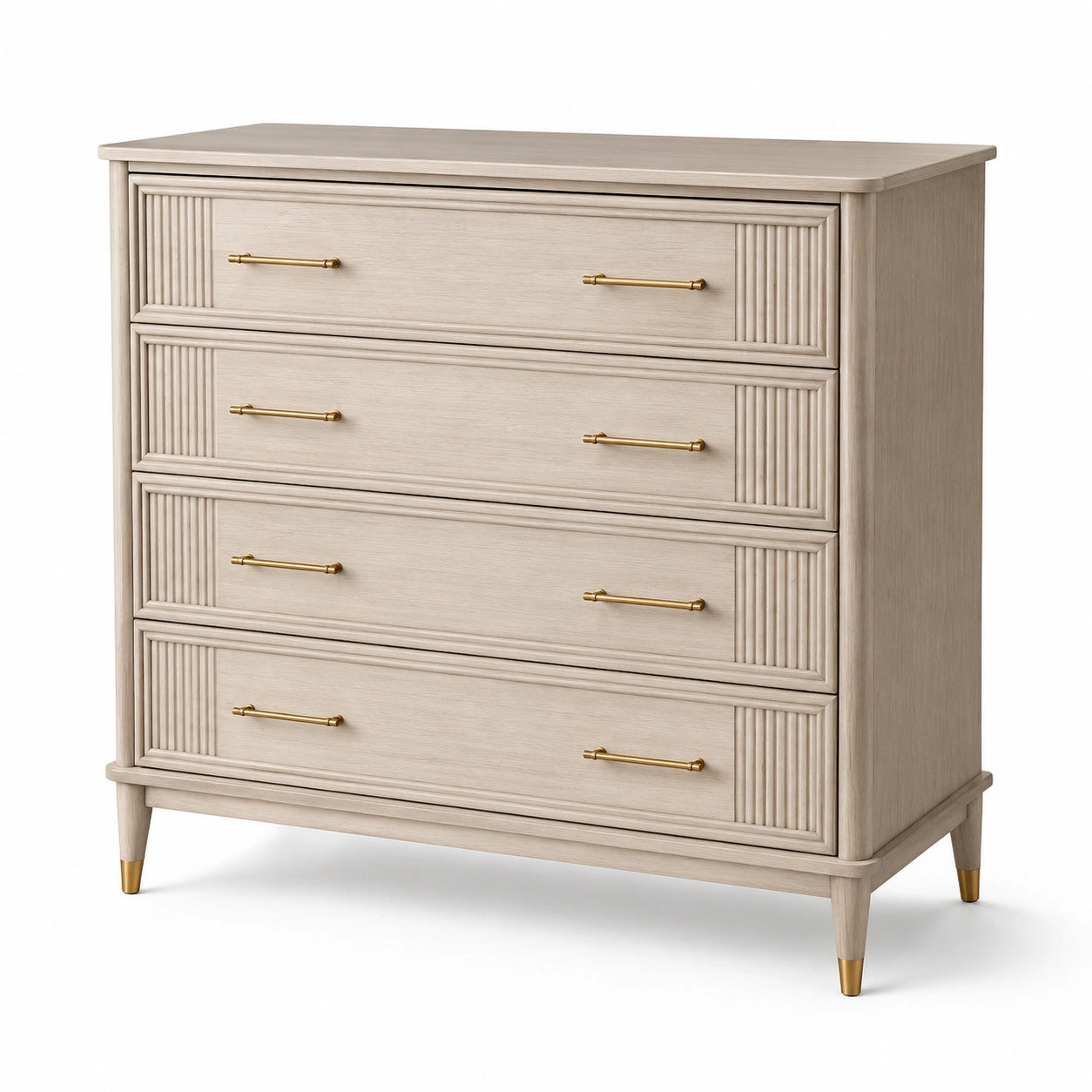 Cassettiera beige e oro con 4 cassetti, 110 × 45 × 115 cm, stile classico contemporaneo