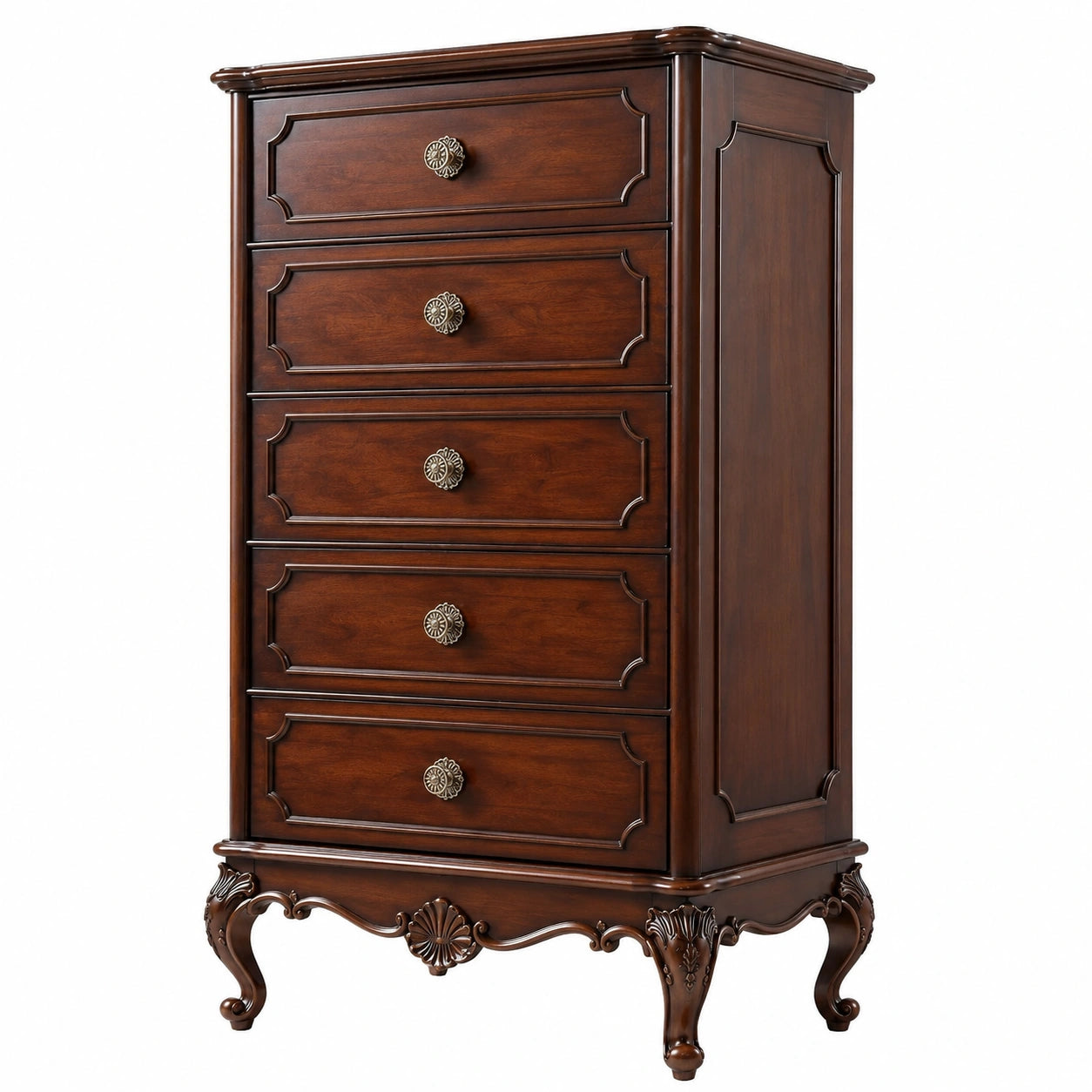 Cassettiera classica a 5 cassetti in legno marrone scuro con dettagli bronzo, 75 × 45 × 135 cm