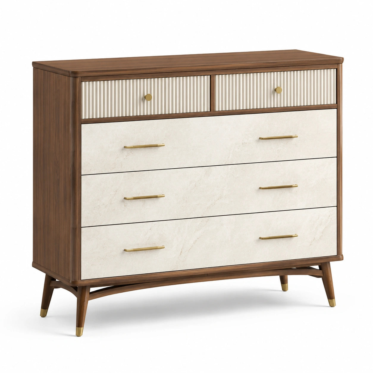 Cassettiera moderna in legno lavorato con 5 cassetti, marrone, bianco e oro, 120 × 45 × 105 cm