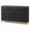 Cassettiera a 9 cassetti in legno nero con dettagli oro e piano grigio effetto marmo, 160 × 45 × 90 cm