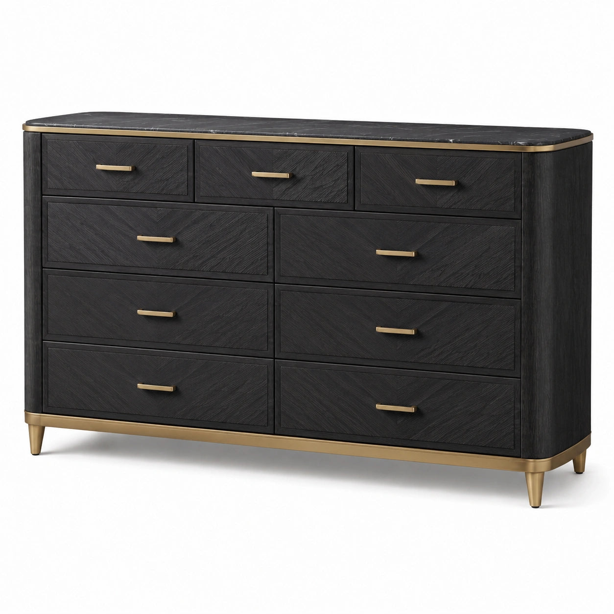 Cassettiera a 9 cassetti in legno nero con dettagli oro e piano grigio effetto marmo, 160 × 45 × 90 cm