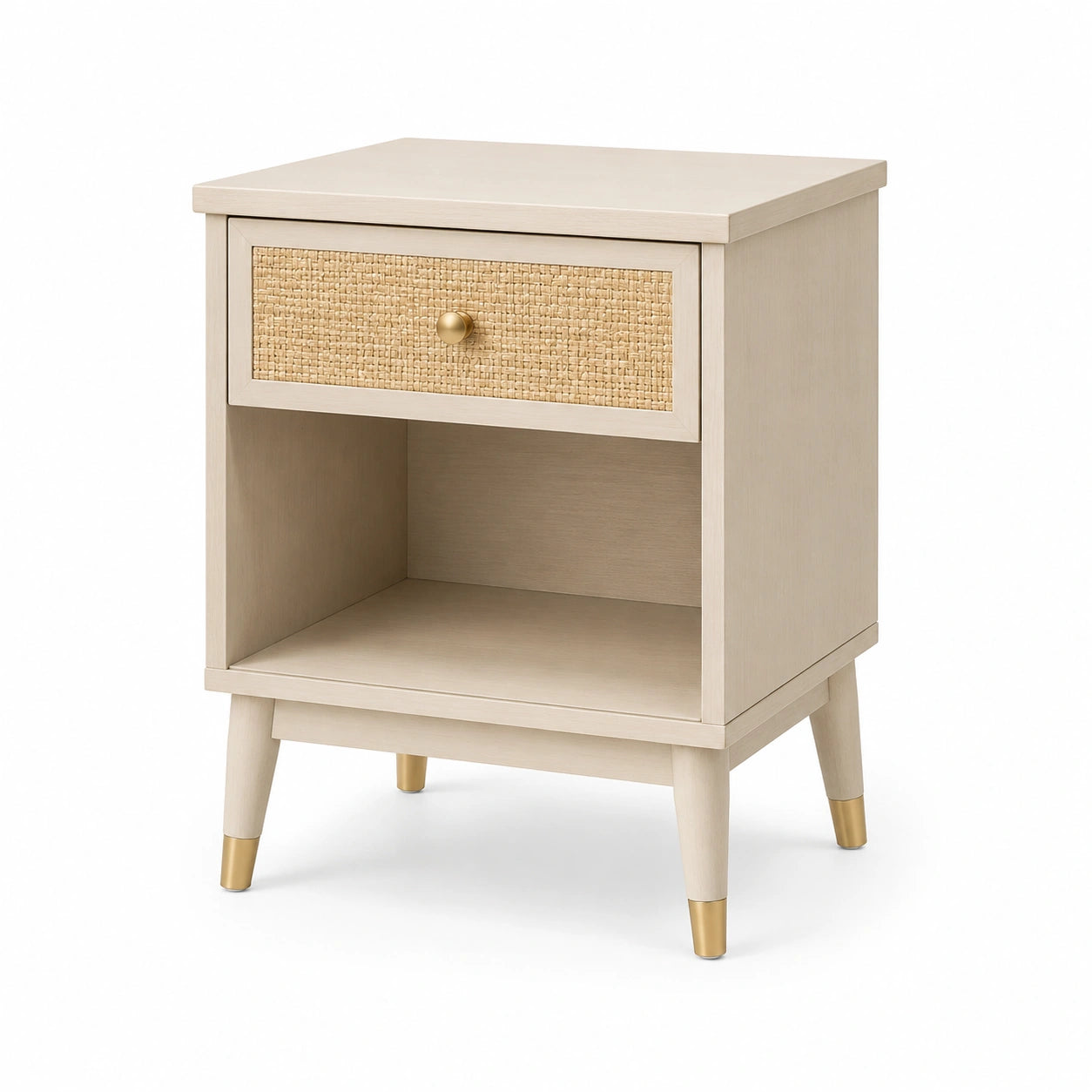 Comodino contemporaneo beige, legno naturale e oro 45 × 40 × 65 cm con cassetto e vano aperto