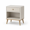 Comodino moderno bianco crema e beige con cassetto e vano aperto, 48 × 40 × 62 cm