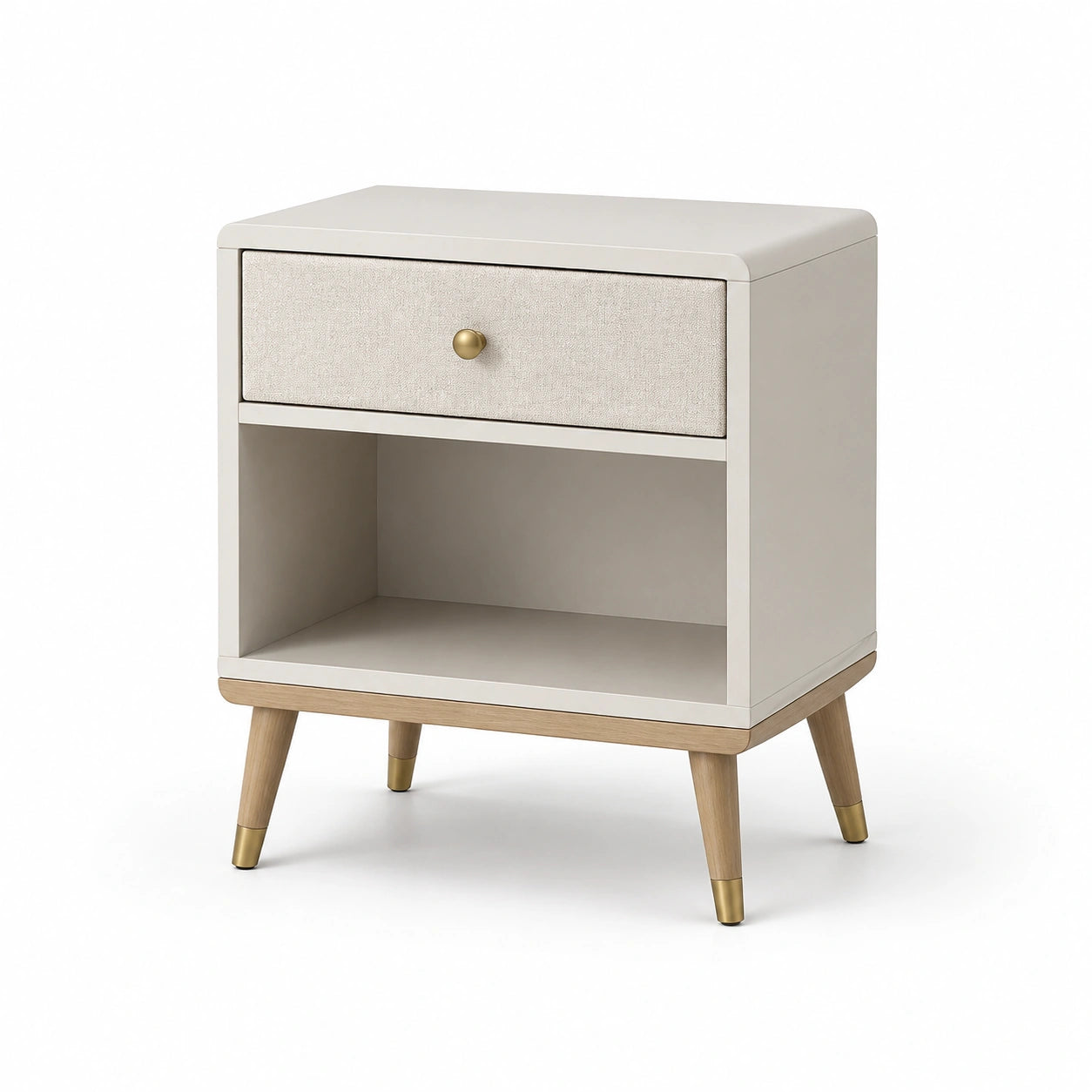Comodino moderno bianco crema e beige con cassetto e vano aperto, 48 × 40 × 62 cm