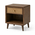 Comodino marrone con rattan naturale, cassetto e vano aperto, 45 × 40 × 60 cm, stile retrò