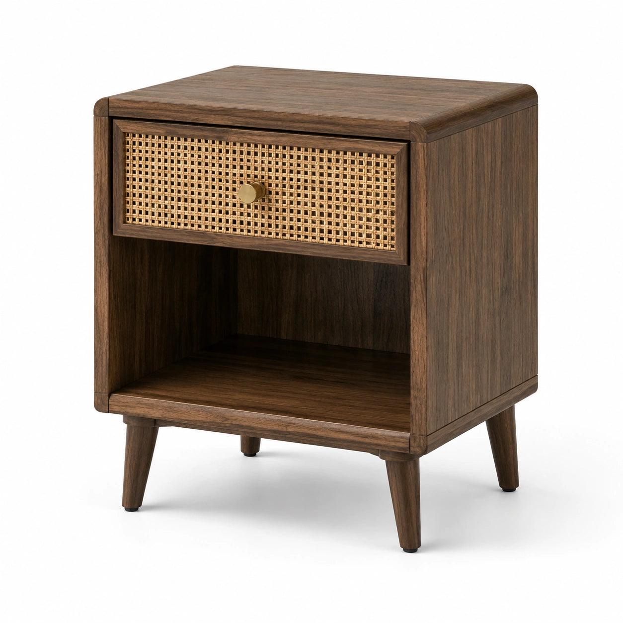 Comodino marrone con rattan naturale, cassetto e vano aperto, 45 × 40 × 60 cm, stile retrò