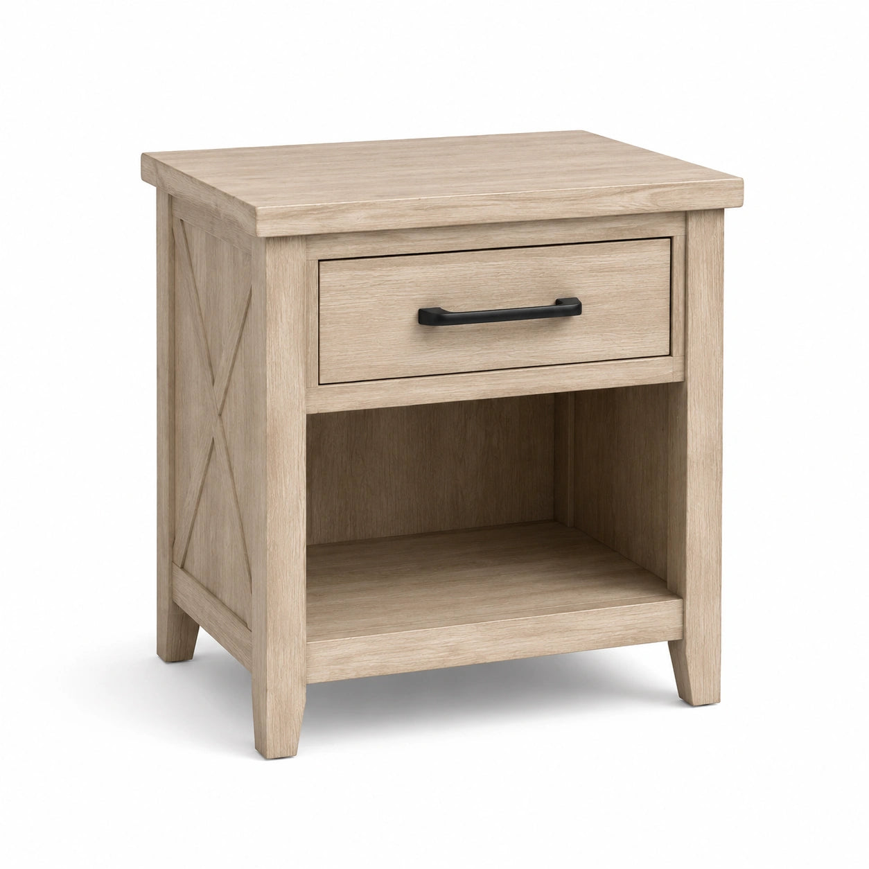 Comodino in legno ingegnerizzato rovere chiaro e nero con 1 cassetto e ripiano, 56 × 43 × 66 cm