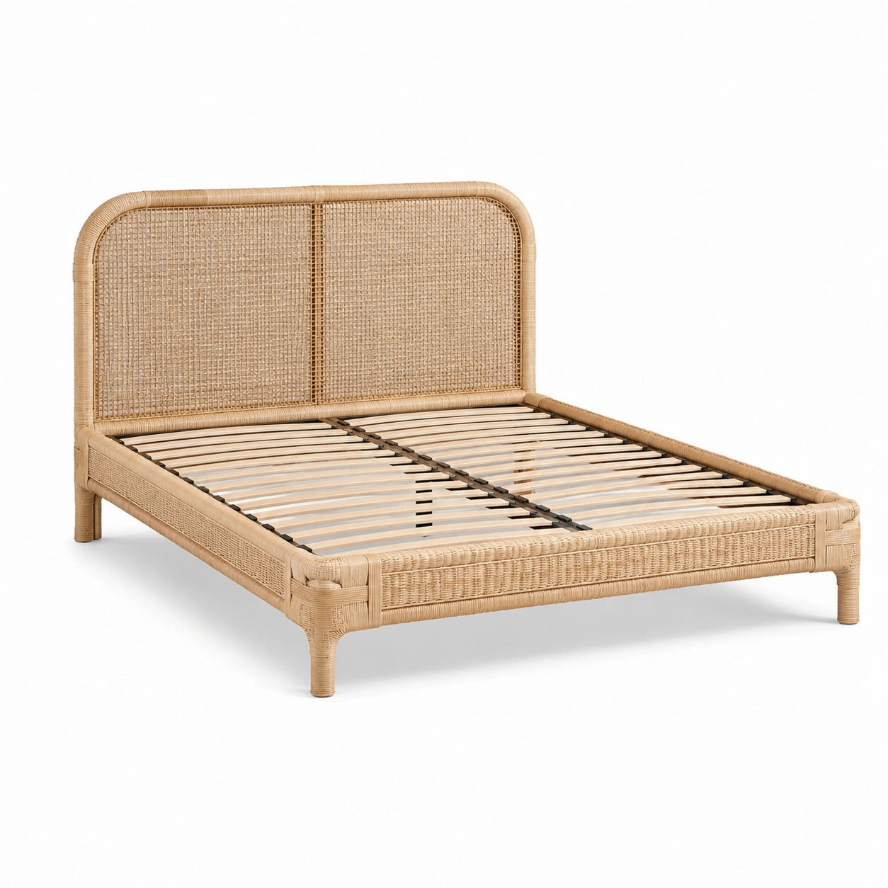 Letto matrimoniale in rattan beige con rete a doghe, 218 × 168 × 110 cm, per materasso 160 × 200 cm