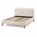 Letto matrimoniale imbottito beige 170 × 215 × 110 cm, per materasso 160 × 200 cm, con testiera a cuciture verticali e rete a doghe