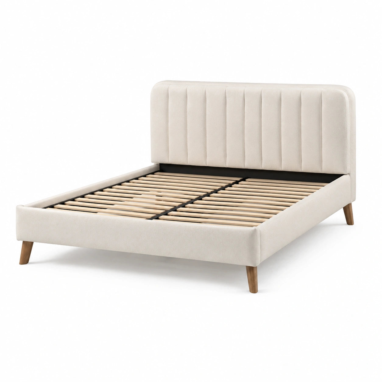 Letto matrimoniale imbottito beige 170 × 215 × 110 cm, per materasso 160 × 200 cm, con testiera a cuciture verticali e rete a doghe