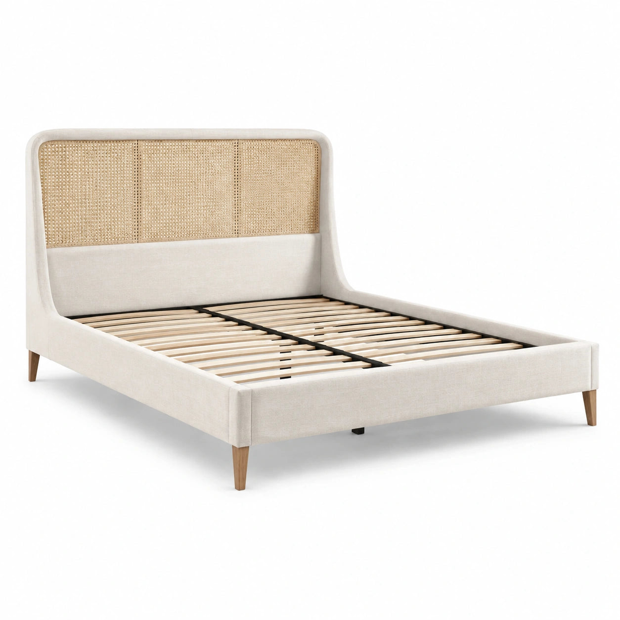 Letto matrimoniale in tessuto beige con testiera intrecciata naturale e rete a doghe, 170 x 215 x 112 cm, per materasso 160 x 200 cm