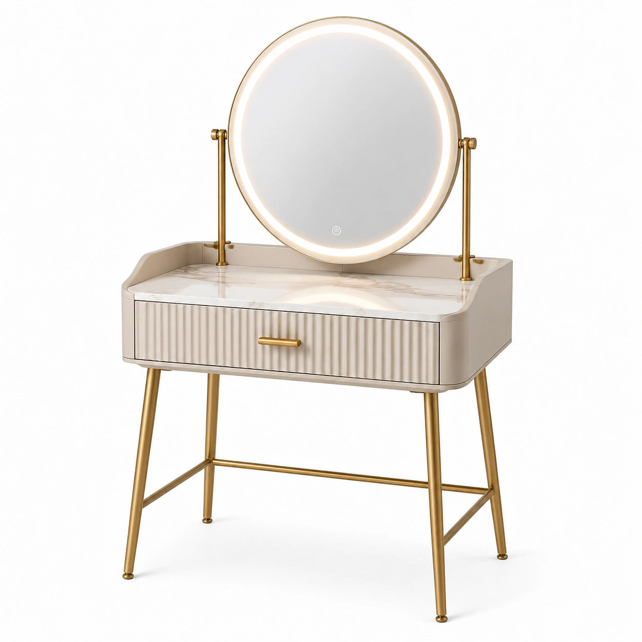 Toeletta moderna beige, dorata e bianca 80 × 40 × 130 cm con specchio rotondo illuminato, comando touch e cassetto