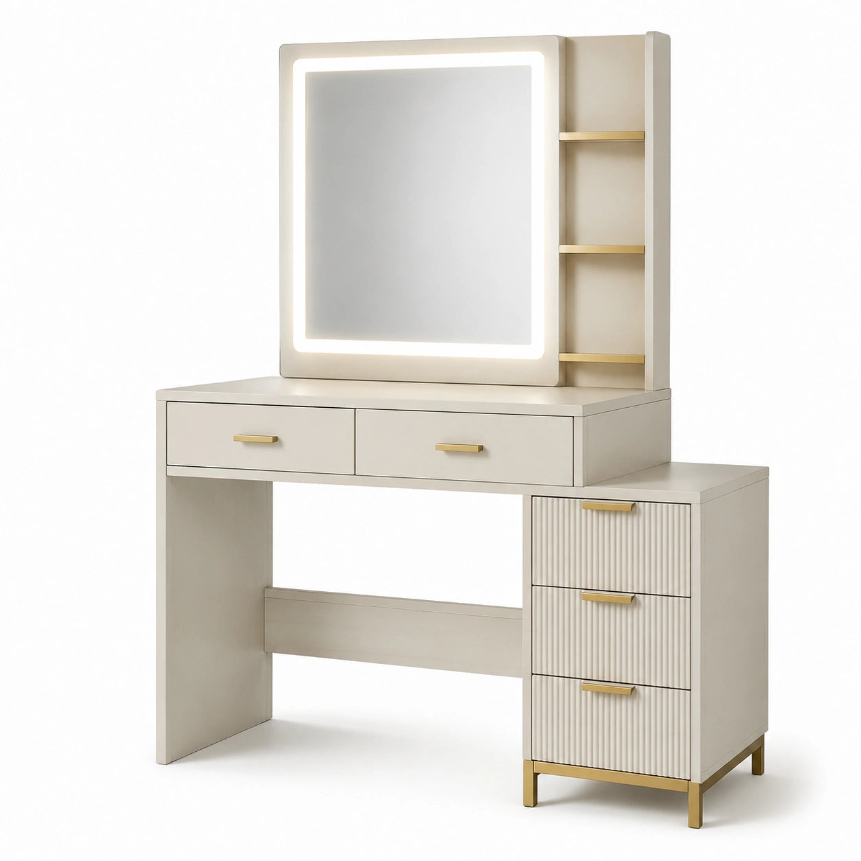 Toeletta moderna beige e oro 120 × 45 × 145 cm con specchio LED, 5 cassetti e 3 mensole