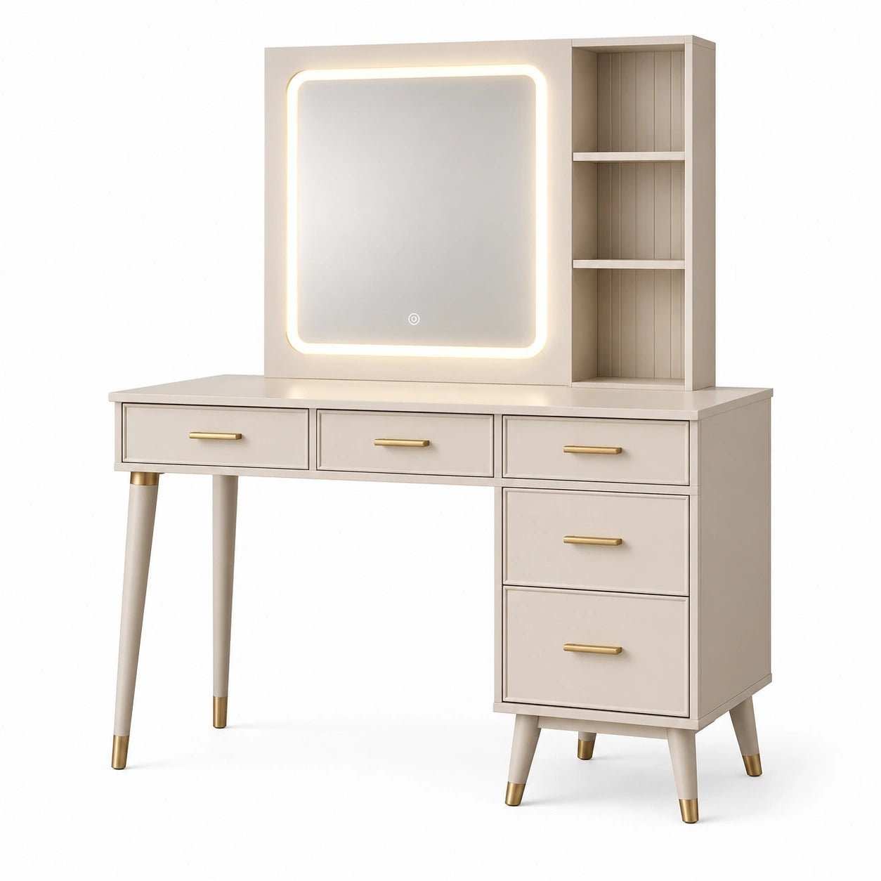 Toeletta moderna in legno beige e oro 120 × 40 × 145 cm con specchio LED, 5 cassetti e 3 vani aperti
