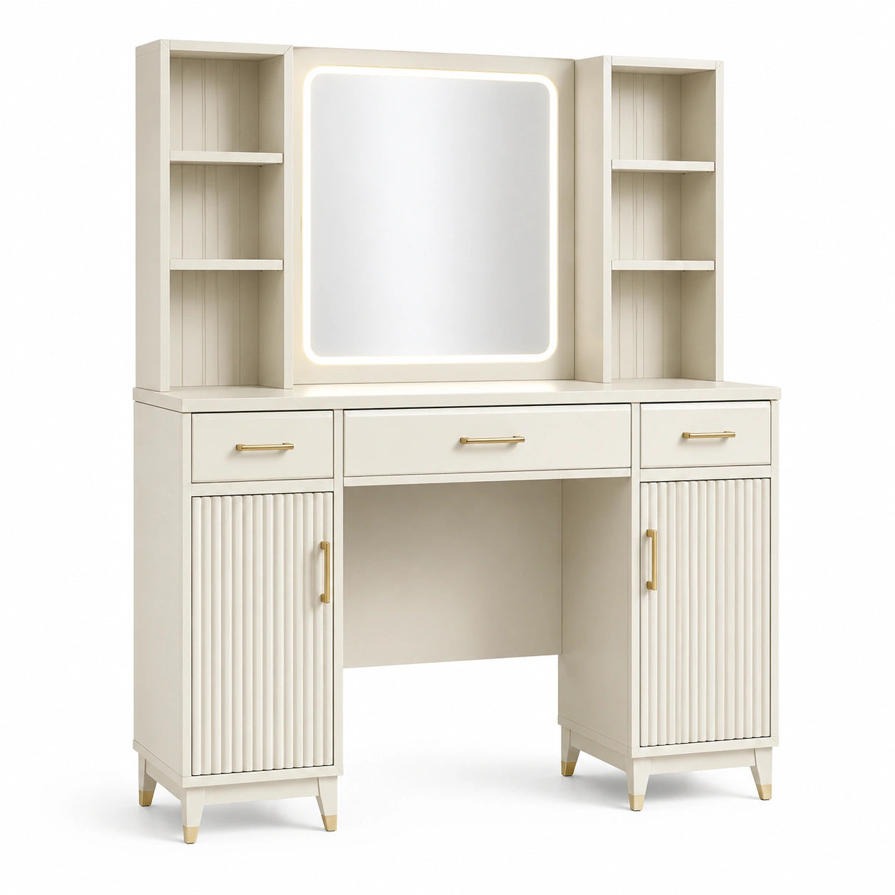 Toeletta moderna 140 x 45 x 180 cm in legno ingegnerizzato bianco crema con specchio illuminato e dettagli dorati