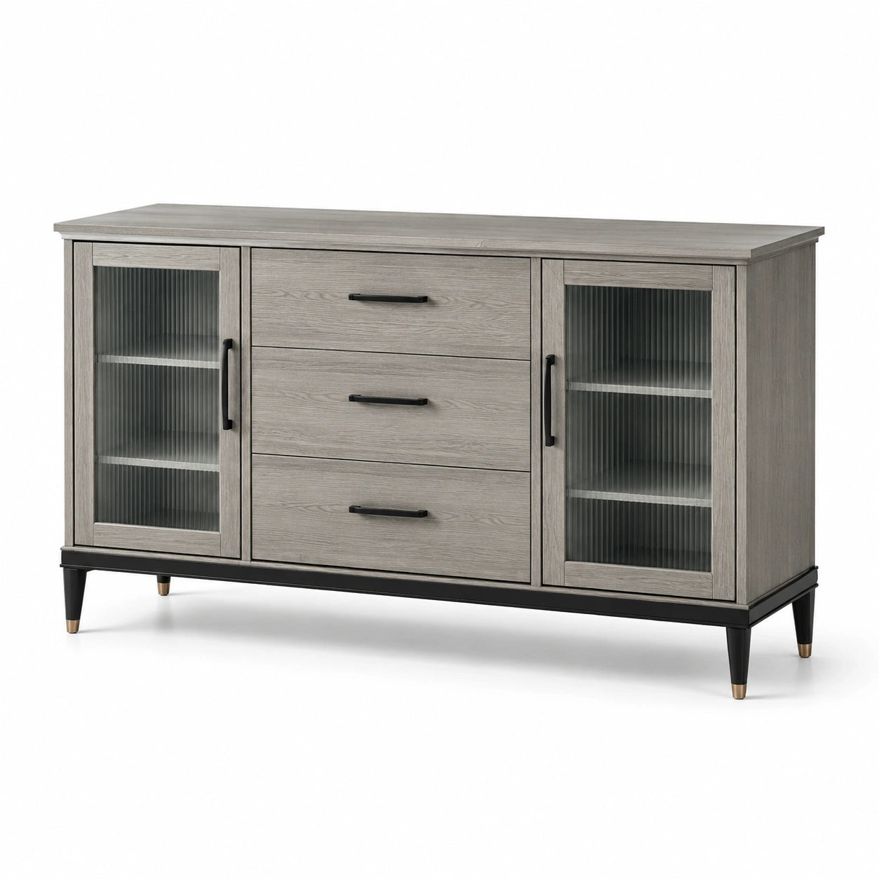 Credenza grigia 160 × 40 × 85 cm con 3 cassetti e 2 ante in vetro scanalato