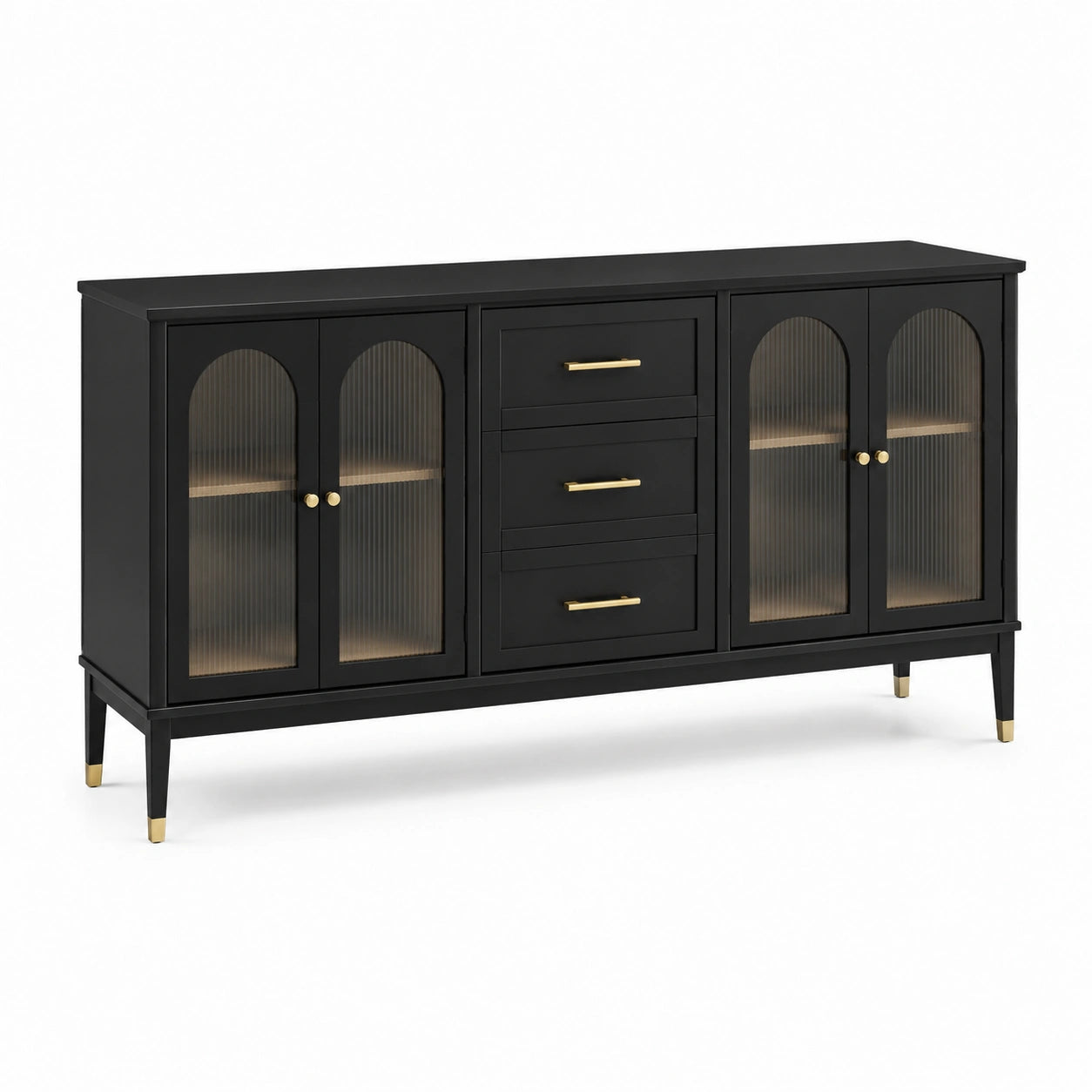 Credenza moderna nera 160 × 40 × 80 cm con 4 ante in vetro scanalato e 3 cassetti