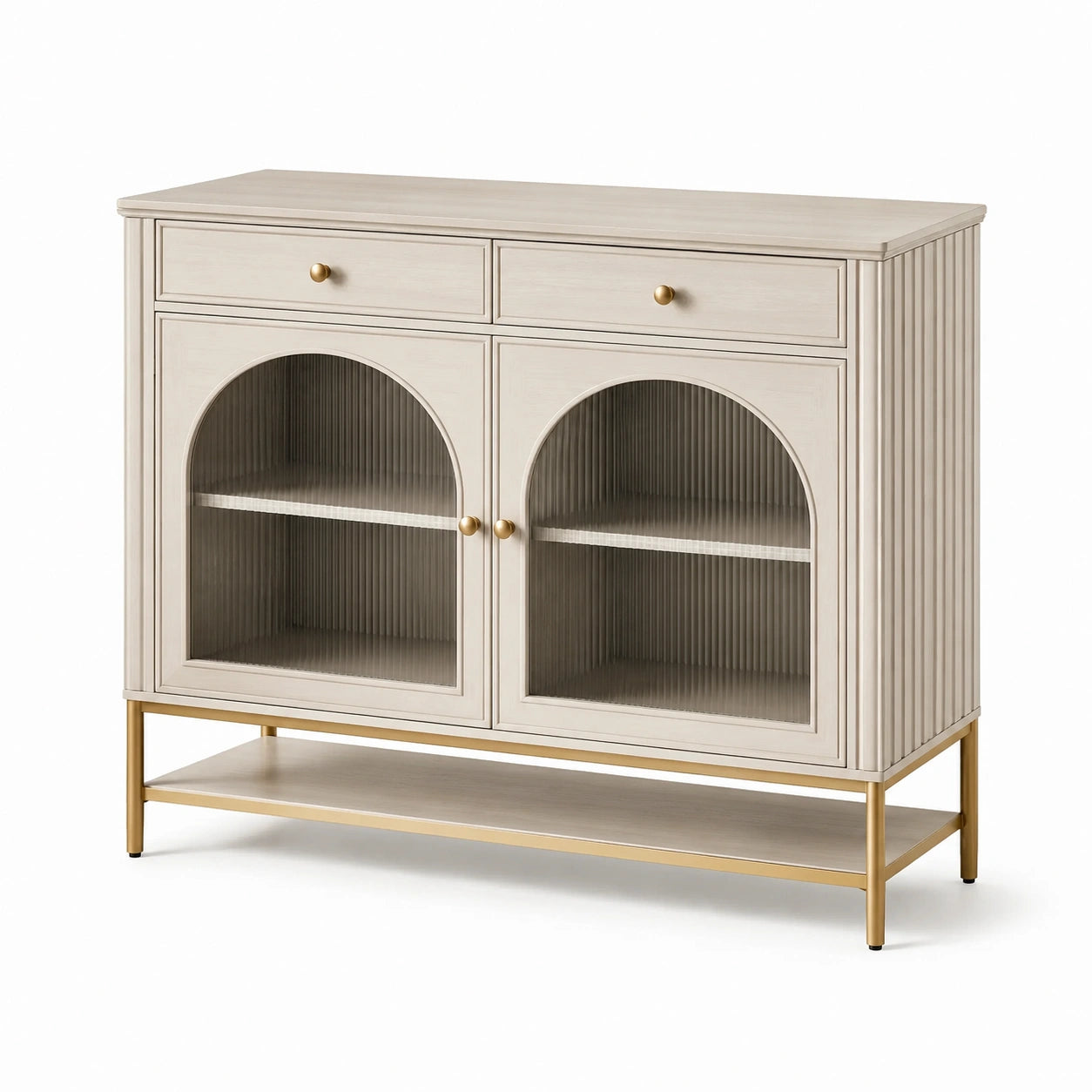 Credenza beige con vetro scanalato fumé, 2 cassetti, 2 ante e ripiani, 120 × 40 × 100 cm