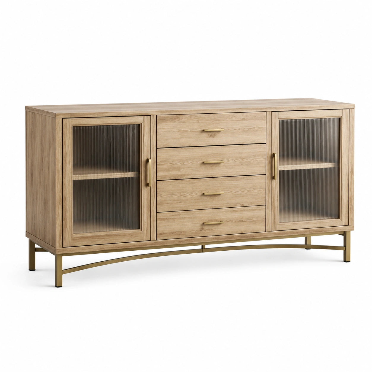 Credenza moderna effetto rovere naturale con 4 cassetti e 2 ante in vetro scanalato, 160 × 40 × 80 cm