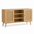 Credenza effetto legno naturale e rattan, 140 × 40 × 80 cm, con 2 ante e 3 vani aperti, stile retrò
