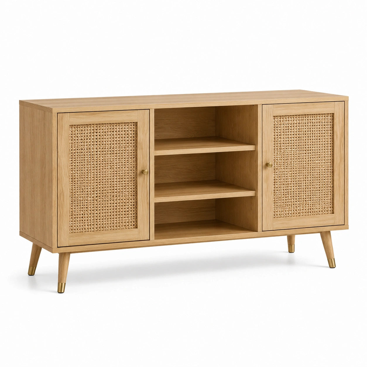 Credenza effetto legno naturale e rattan, 140 × 40 × 80 cm, con 2 ante e 3 vani aperti, stile retrò