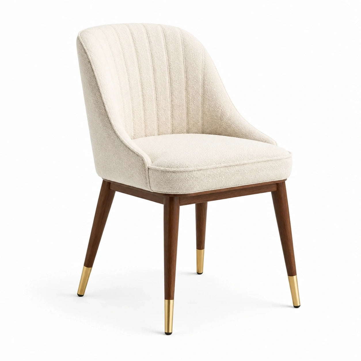 Sedia imbottita moderna 58 × 60 × 86 cm in bouclé avorio con gambe marroni e dettagli dorati