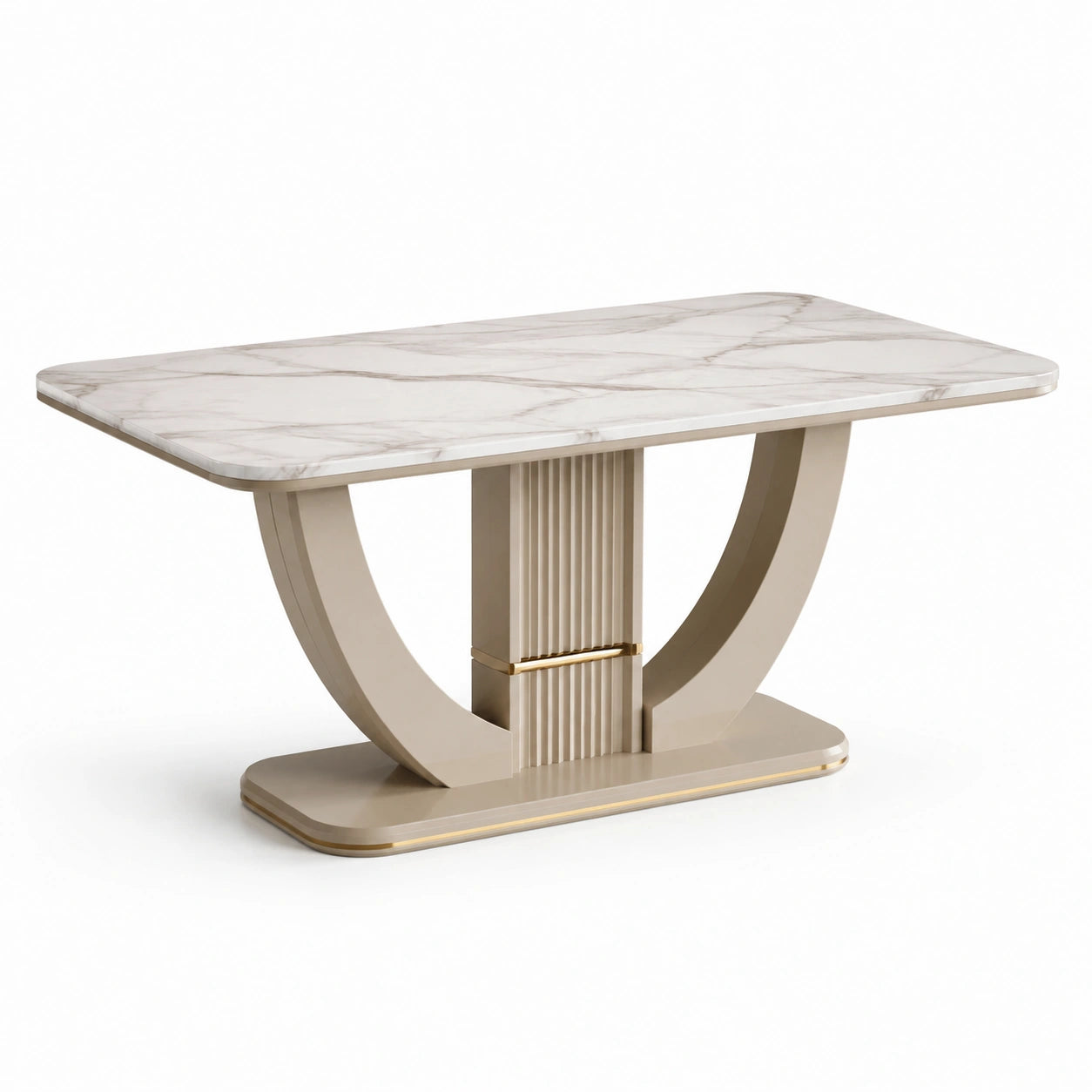 Tavolo da pranzo moderno 160 × 90 × 76 cm con piano bianco effetto marmo e base beige con dettagli oro