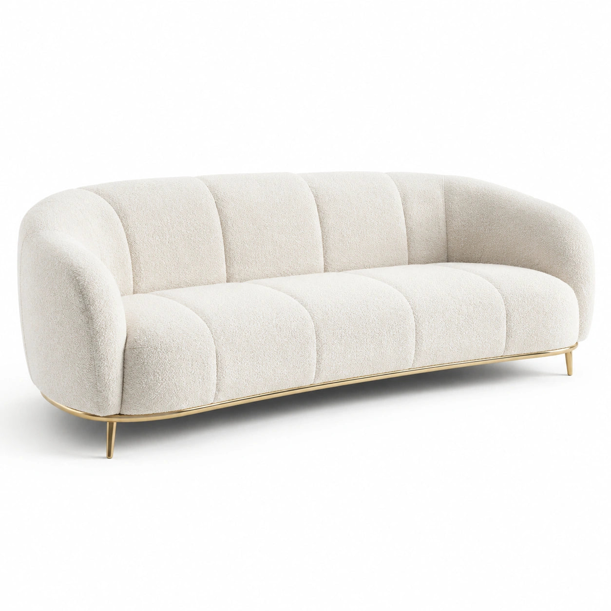 Divano a 3 posti in tessuto bouclé bianco crema con base dorata, 220 × 90 × 75 cm