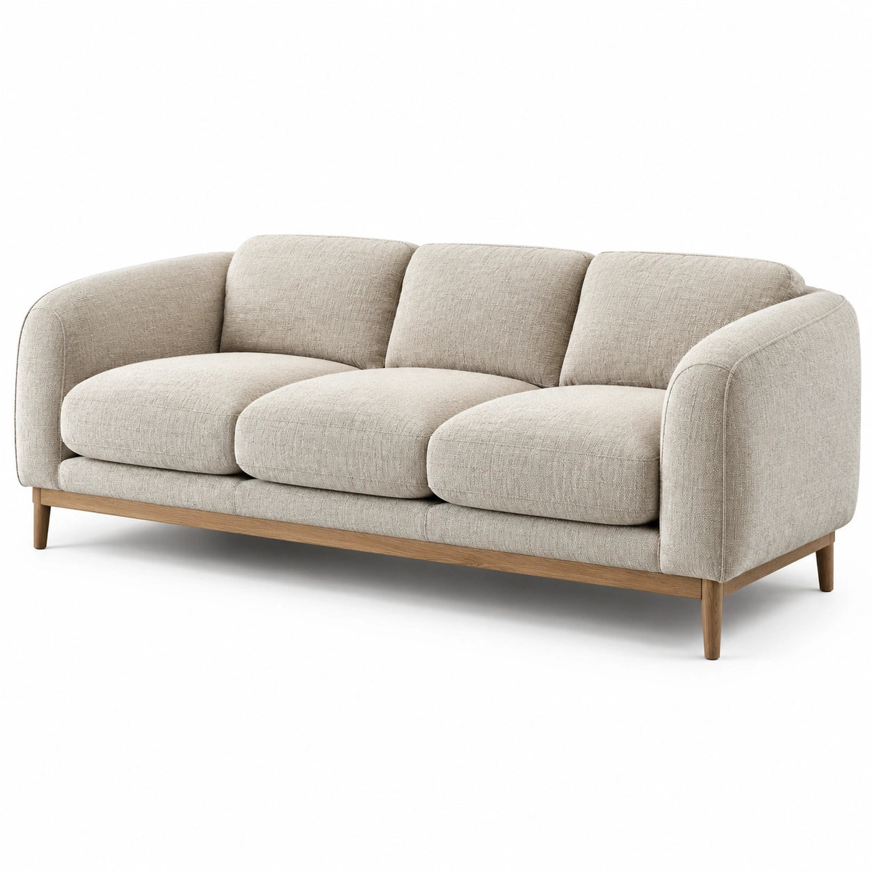 Divano moderno a 3 posti 220 × 90 × 82 cm in tessuto beige con base in legno naturale