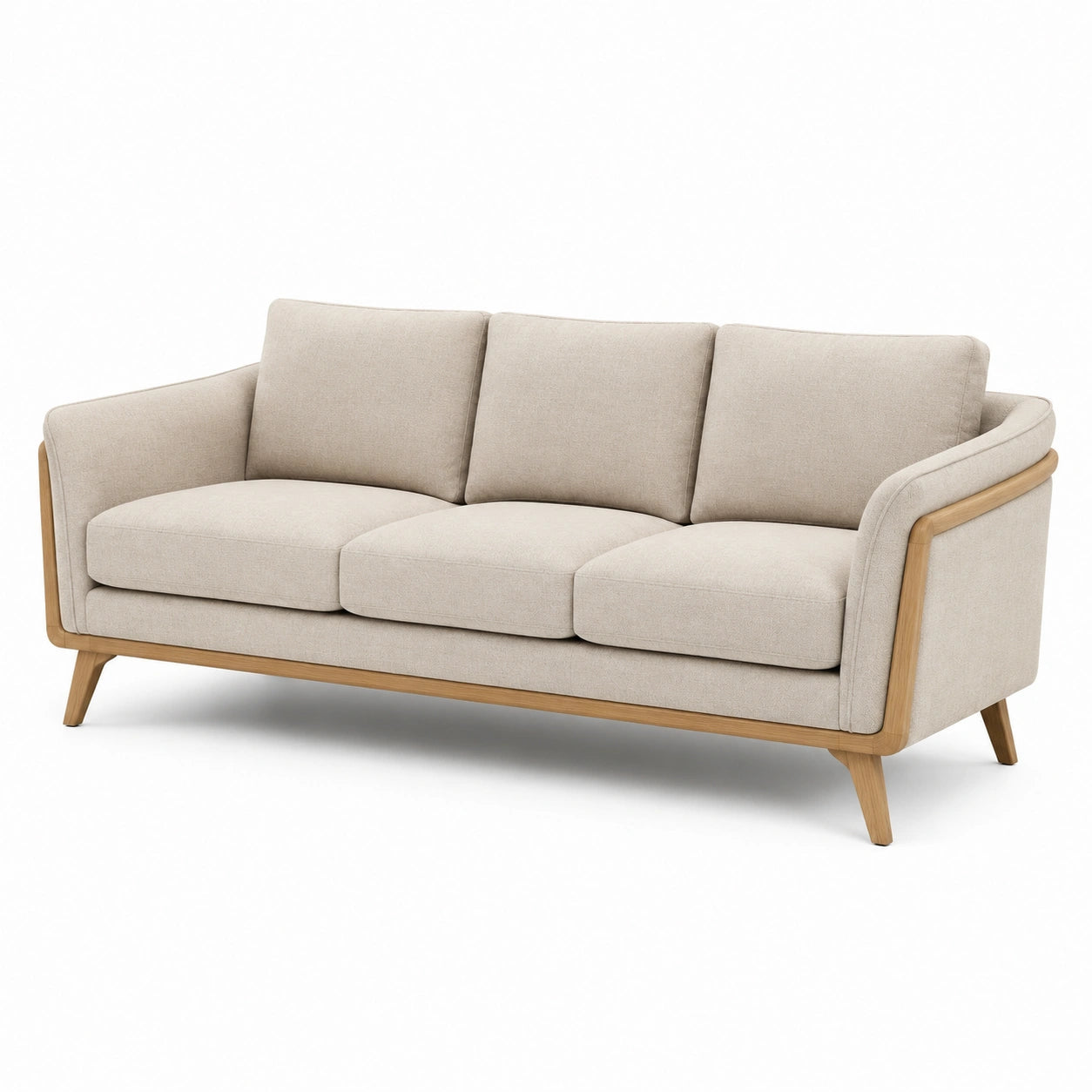 Divano moderno a 3 posti 210 × 86 × 82 cm in tessuto beige e legno naturale