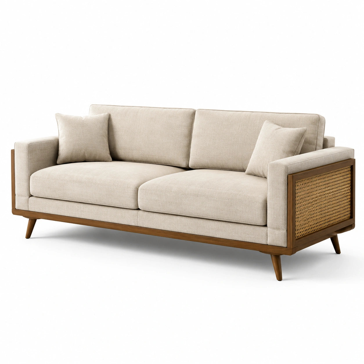 Divano 3 posti 215 × 88 × 84 cm in tessuto beige con struttura in legno marrone