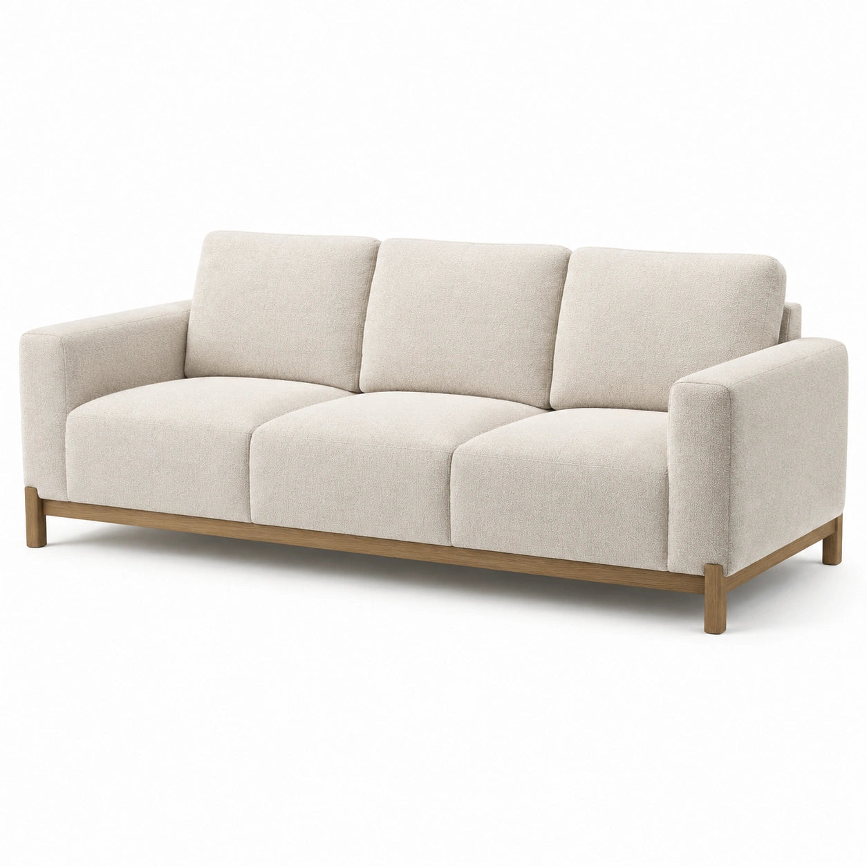Divano moderno a 3 posti 220 × 90 × 82 cm in tessuto effetto bouclé beige con base in legno naturale