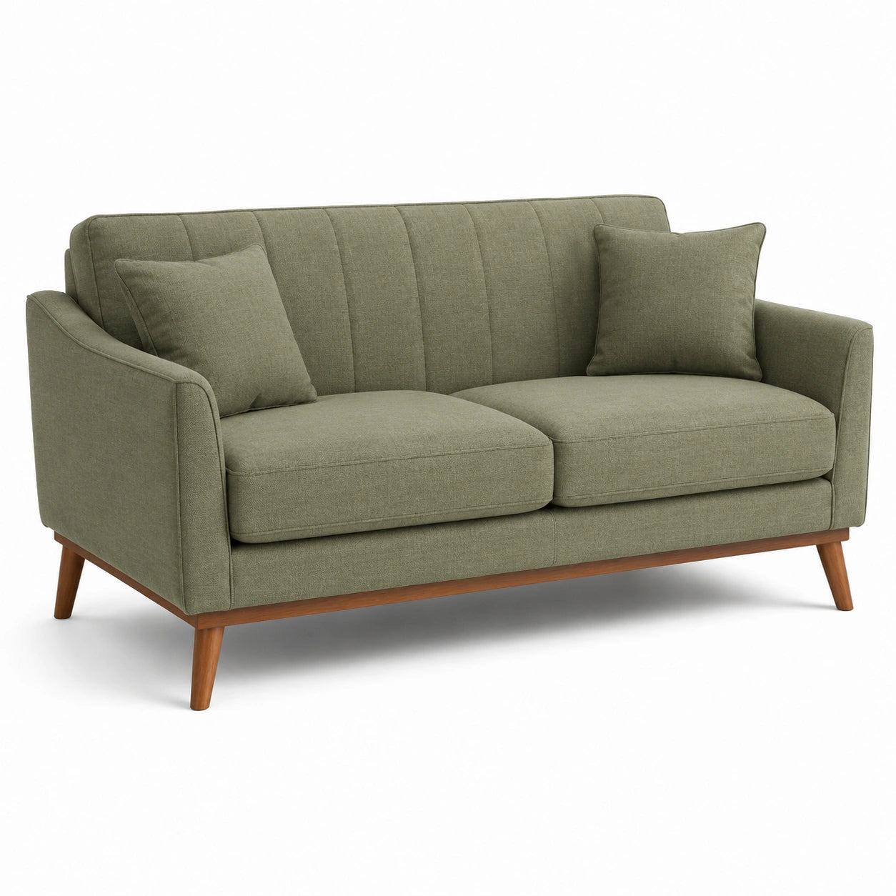 Divano moderno a 2 posti in tessuto verde oliva con gambe in legno marrone, 185 × 83 × 86 cm